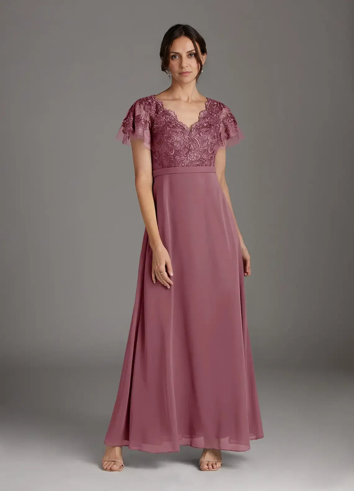 Weitese Dress Elegant Vintage Mauve A-Line V-Neck Lace Chiffon Dress Floor-Length Flutter Sleeve Scoop Back Mother of the Bride Dress