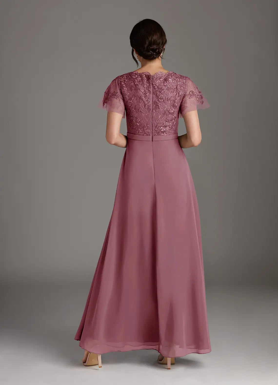 Weitese Dress Elegant Vintage Mauve A-Line V-Neck Lace Chiffon Dress Floor-Length Flutter Sleeve Scoop Back Mother of the Bride Dress