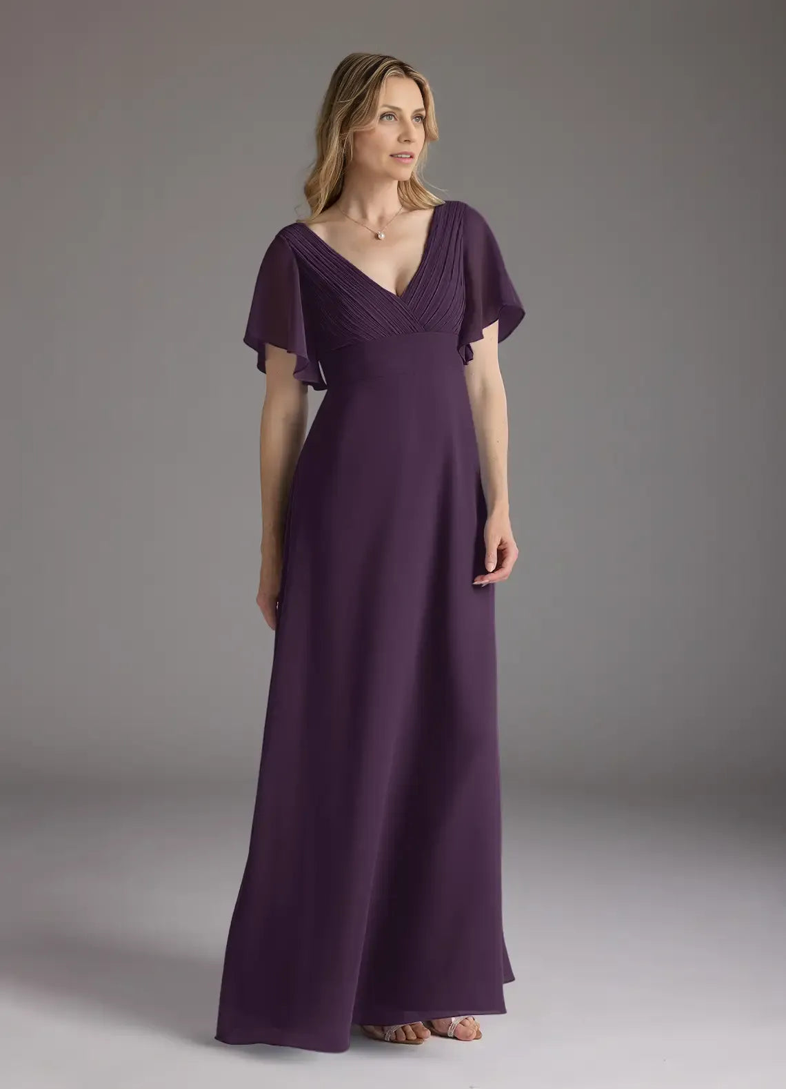 Plum A-Line V-Neck Pleated Chiffon Floor-Length Dress Flutter Sleeve Solid Color Simple V-Neck Back Zip Mother of the Bride Dress