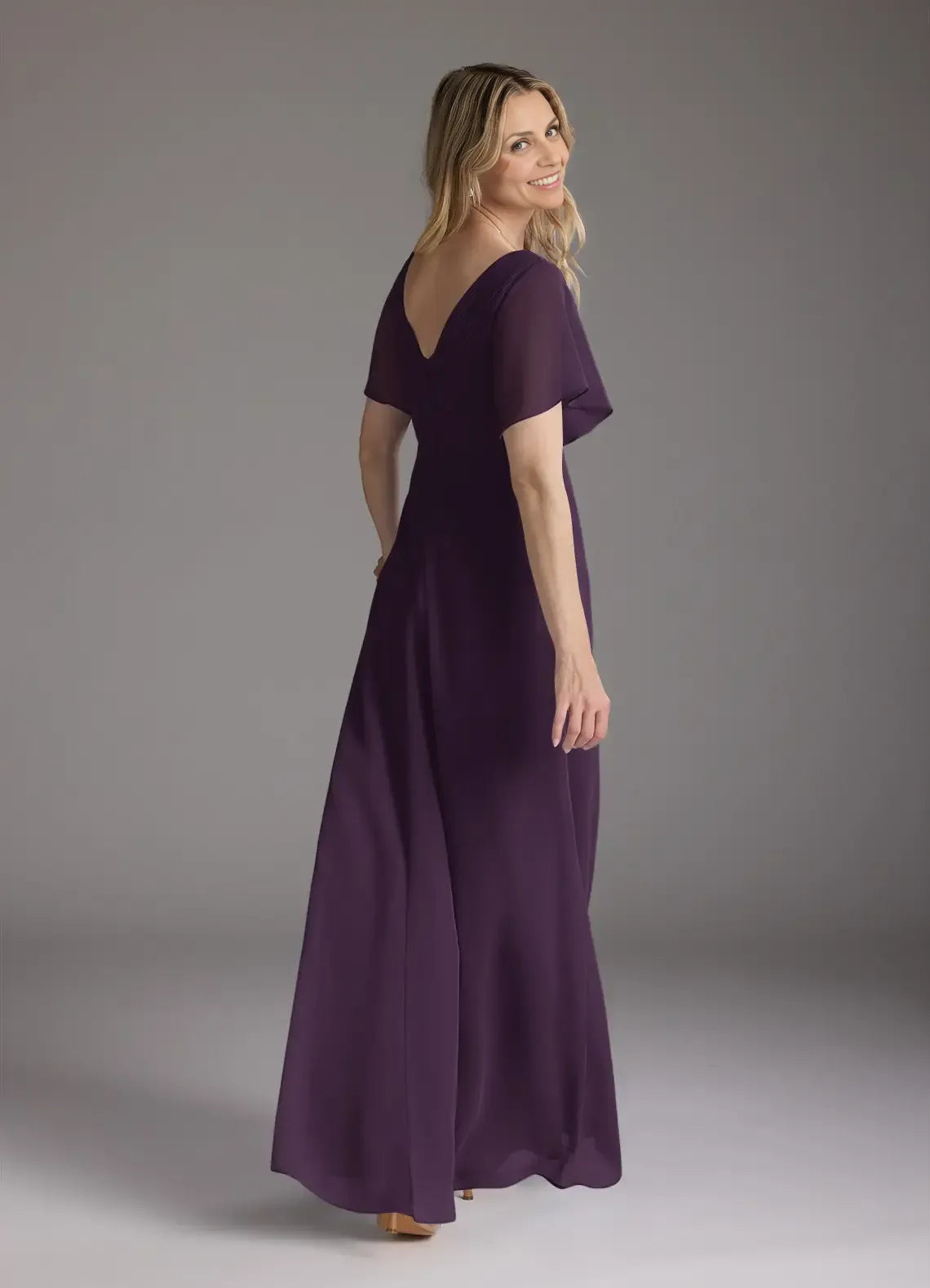 Plum A-Line V-Neck Pleated Chiffon Floor-Length Dress Flutter Sleeve Solid Color Simple V-Neck Back Zip Mother of the Bride Dress