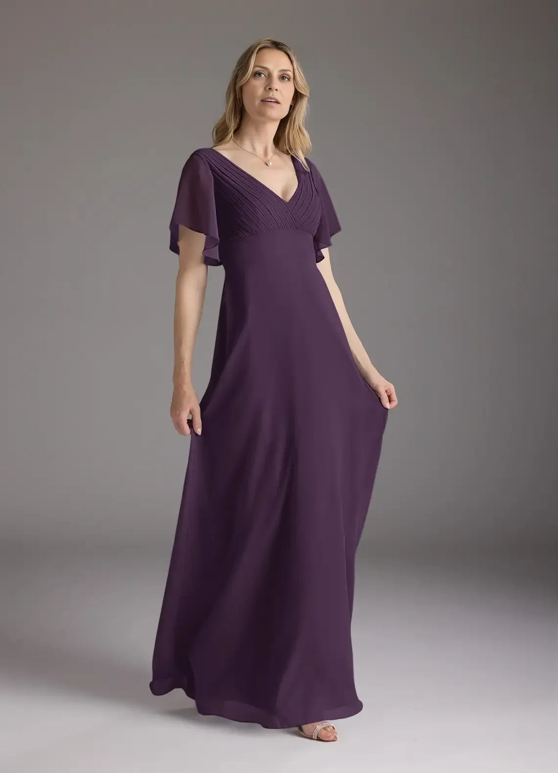 Plum A-Line V-Neck Pleated Chiffon Floor-Length Dress Flutter Sleeve Solid Color Simple V-Neck Back Zip Mother of the Bride Dress