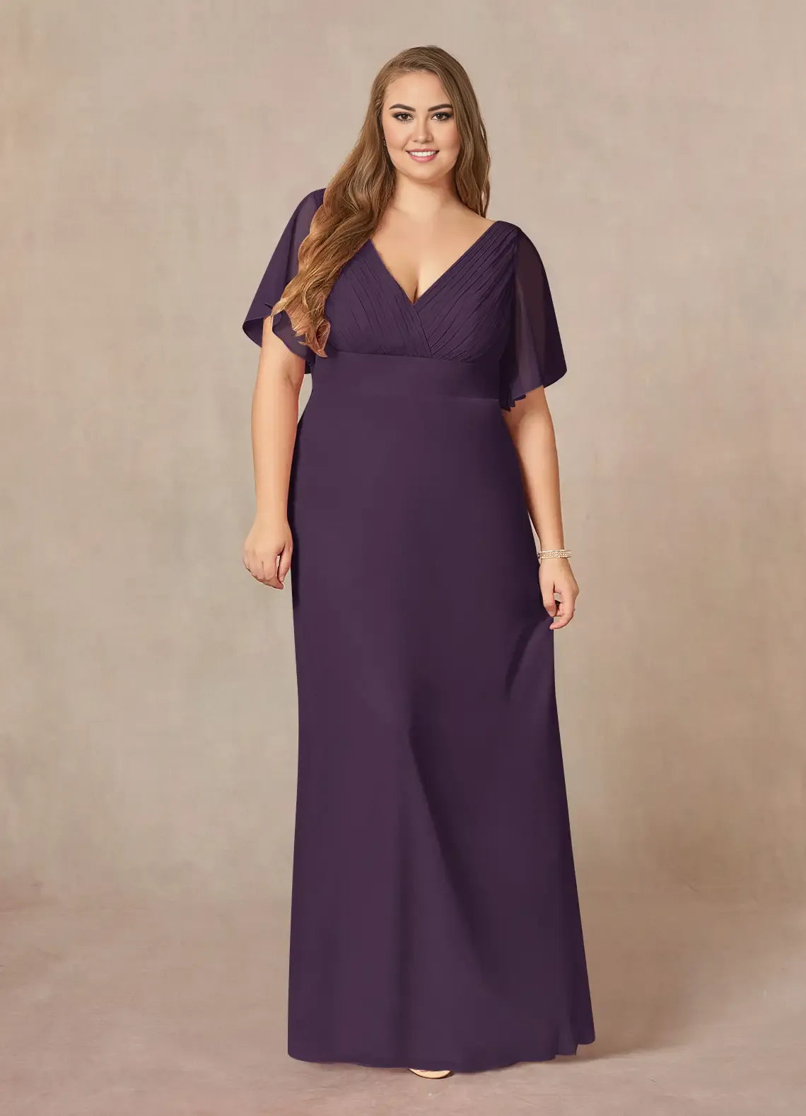 Robe trapèze en mousseline plissée prune, col en V, longueur au sol, manches flottantes, couleur unie, simple, col en V, fermeture éclair dans le dos, grande taille, pour mère de la mariée 