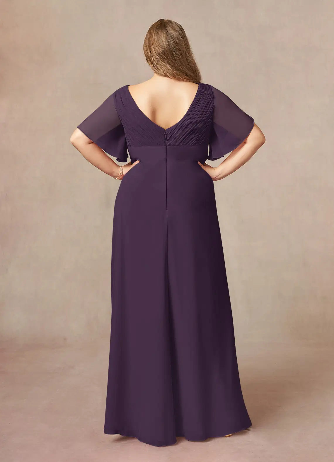 Robe trapèze en mousseline plissée prune, col en V, longueur au sol, manches flottantes, couleur unie, simple, col en V, fermeture éclair dans le dos, grande taille, pour mère de la mariée 
