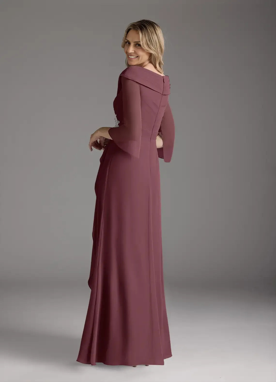 Robe trapèze plissée à col en V et manches trois-quarts, couleur unie, élégante, grande taille, pour mère de la mariée 