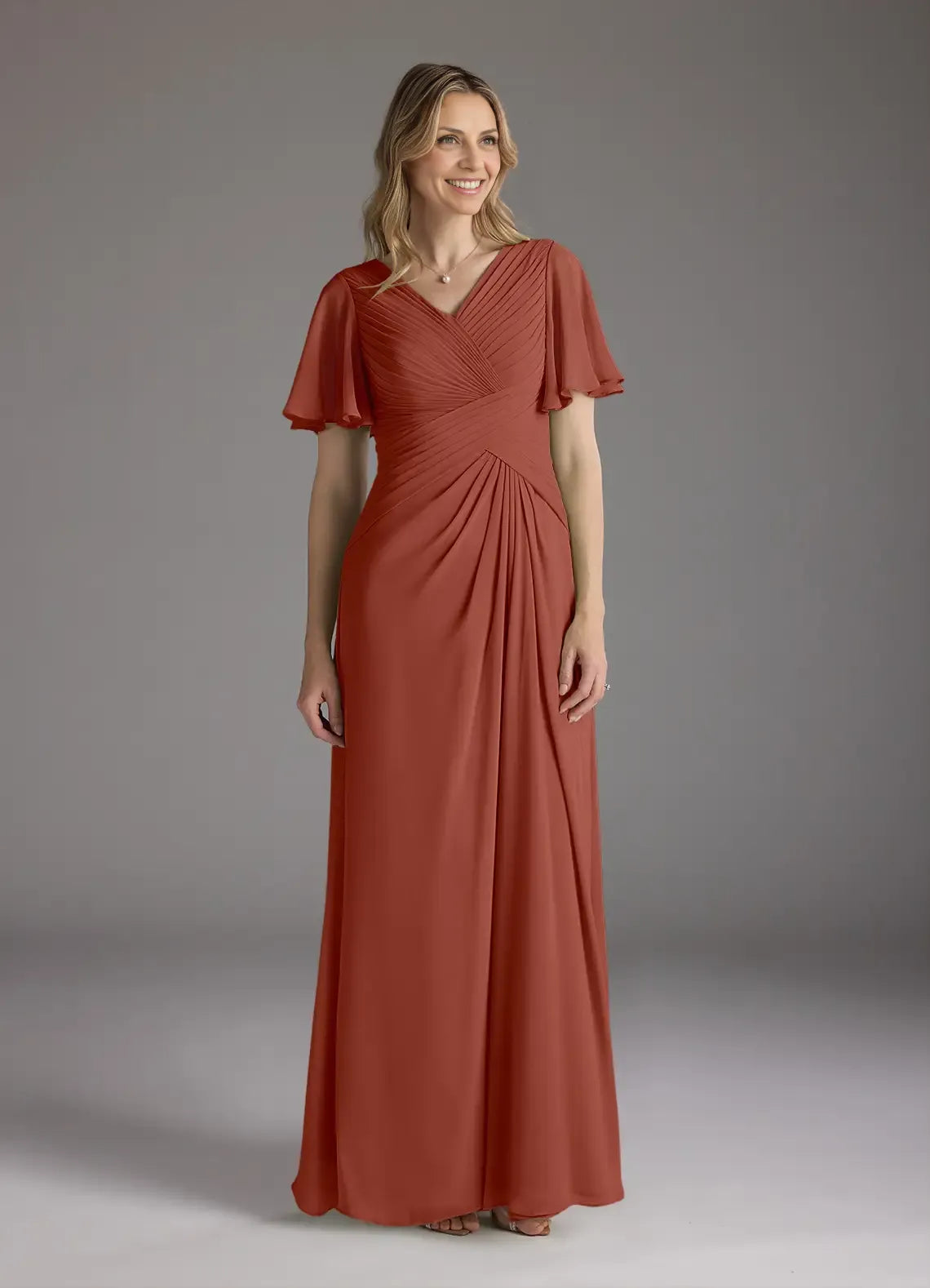 Weitese Dress A-Line V-Neck Ruched Chiffon Mother of the Groom Dresses Elegant Ruffle Flutter Sleeves V Back Evening Dress