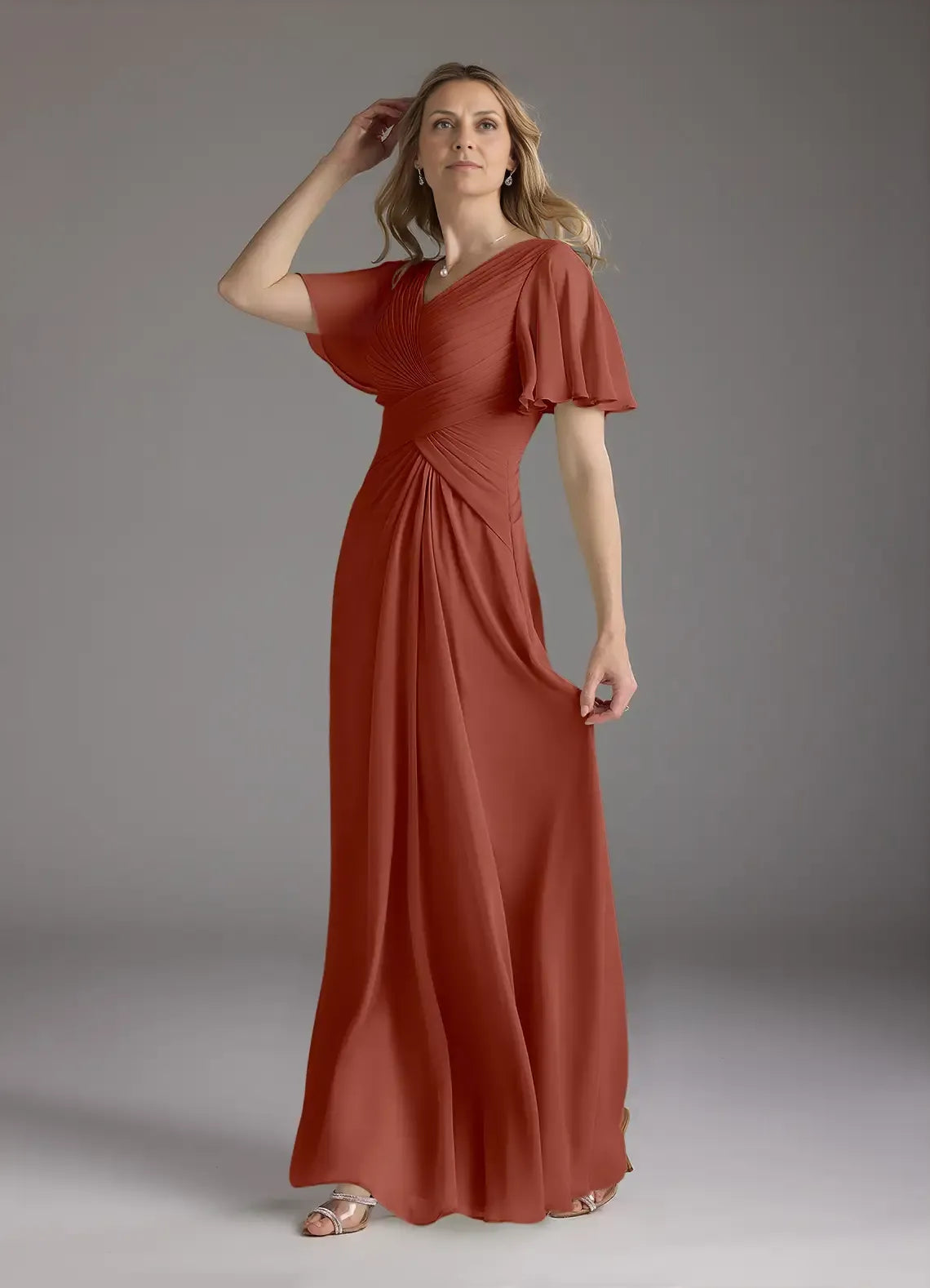 Weitese Dress A-Line V-Neck Ruched Chiffon Mother of the Groom Dresses Elegant Ruffle Flutter Sleeves V Back Evening Dress