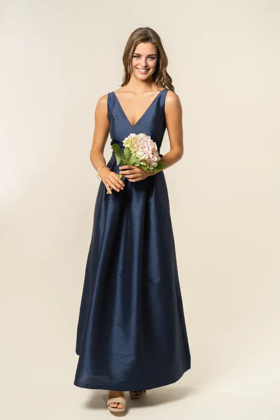 A-Line V Neck Floor-Length Sleeveless Prom Dresses Satin V Back Beautiful Simple Strapless Prom Dresses For Women