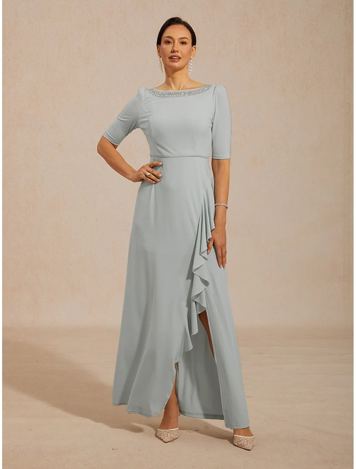 A-Line Boat Neck Half Sleeve Ruffle Sage Grey Floor-Length Prom Dress