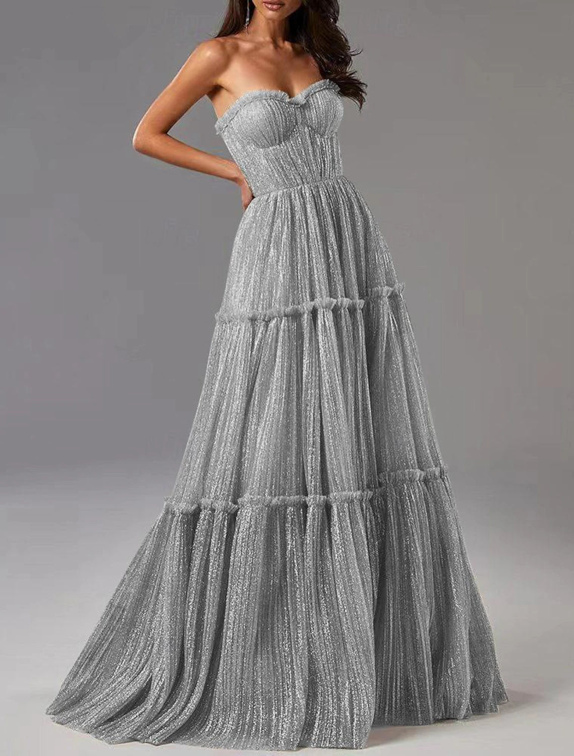 A-Line Evening Gown Glittering Dress Formal Wedding Guest Floor Length Sleeveless Strapless Tulle