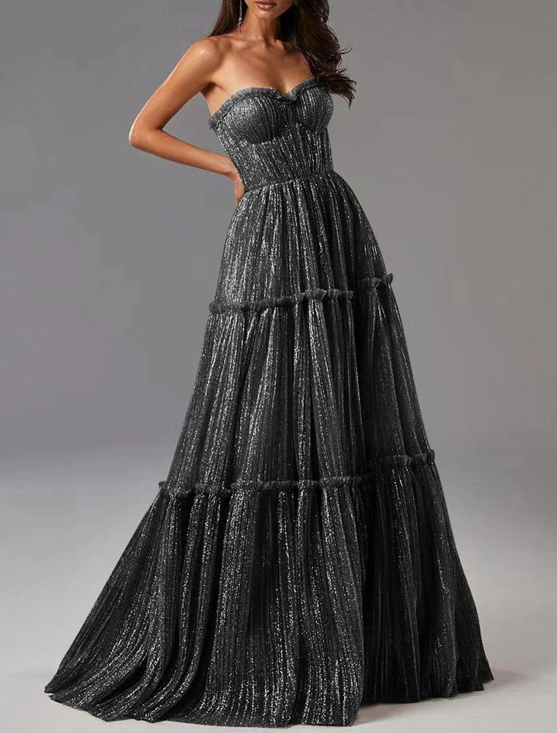 A-Line Evening Gown Glittering Dress Formal Wedding Guest Floor Length Sleeveless Strapless Tulle