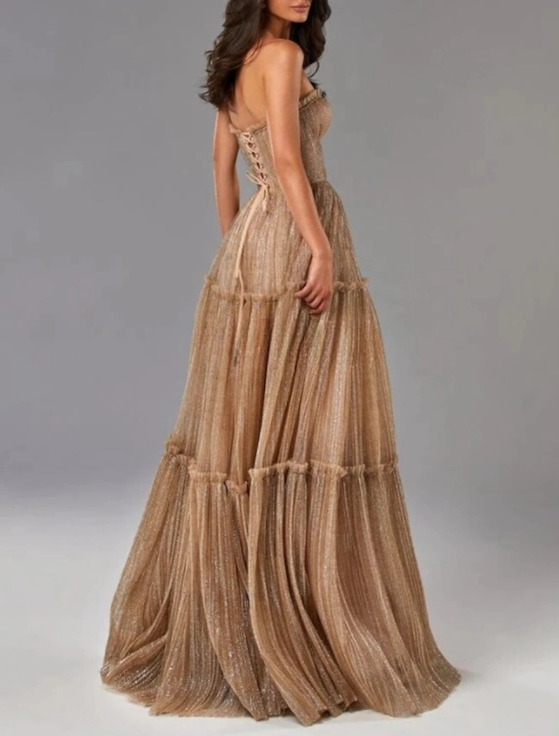 A-Line Evening Gown Glittering Dress Formal Wedding Guest Floor Length Sleeveless Strapless Tulle