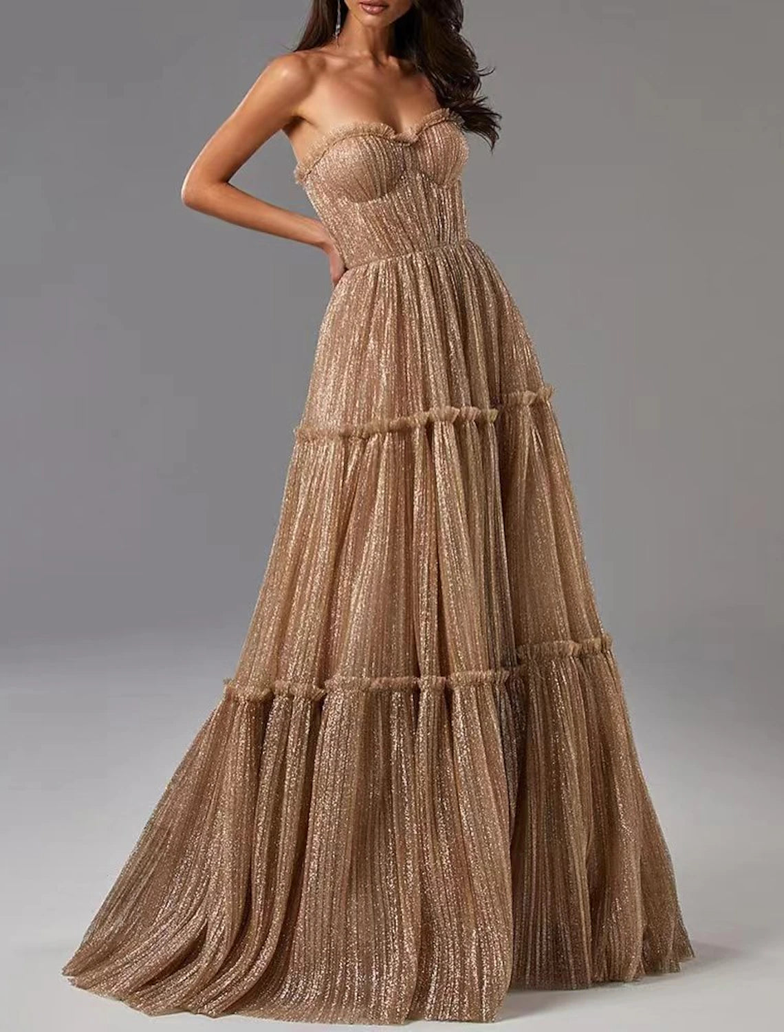 A-Line Evening Gown Glittering Dress Formal Wedding Guest Floor Length Sleeveless Strapless Tulle