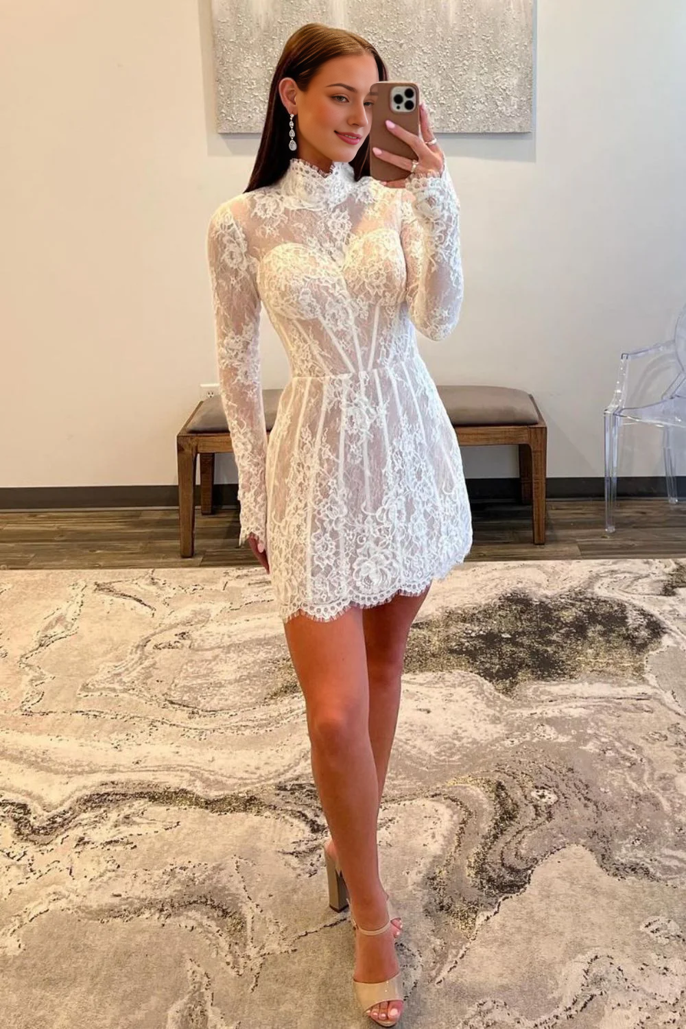A-Line High Neck Long Sleeves Short Lace Homecoming Dress With Applique