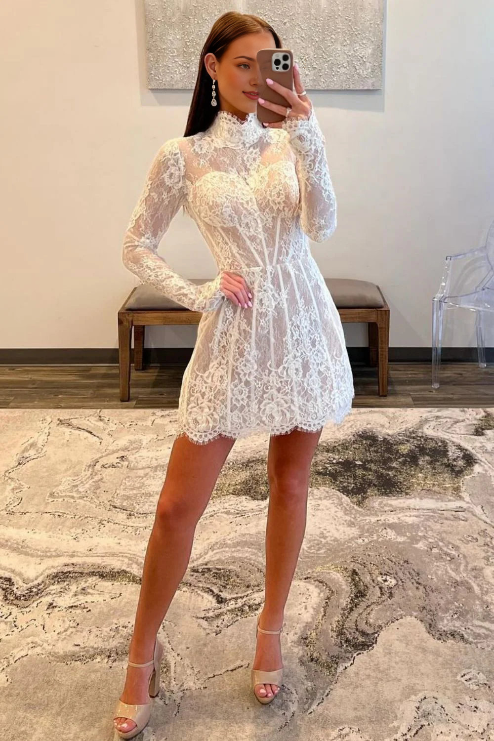 A-Line High Neck Long Sleeves Short Lace Homecoming Dress With Applique