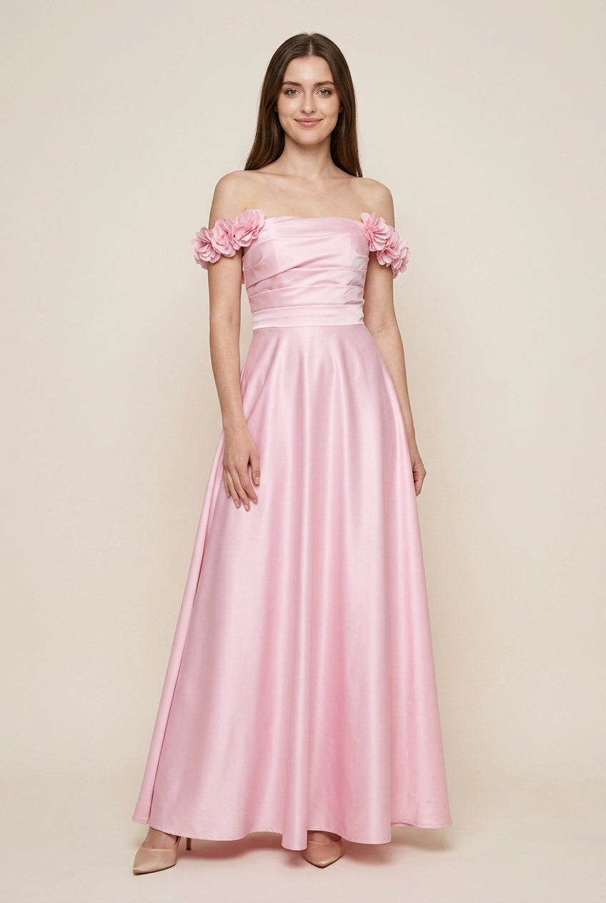 A-Line Off-Shoulder Floral Straps Satin Blush Pink Floor-Length Prom Dress