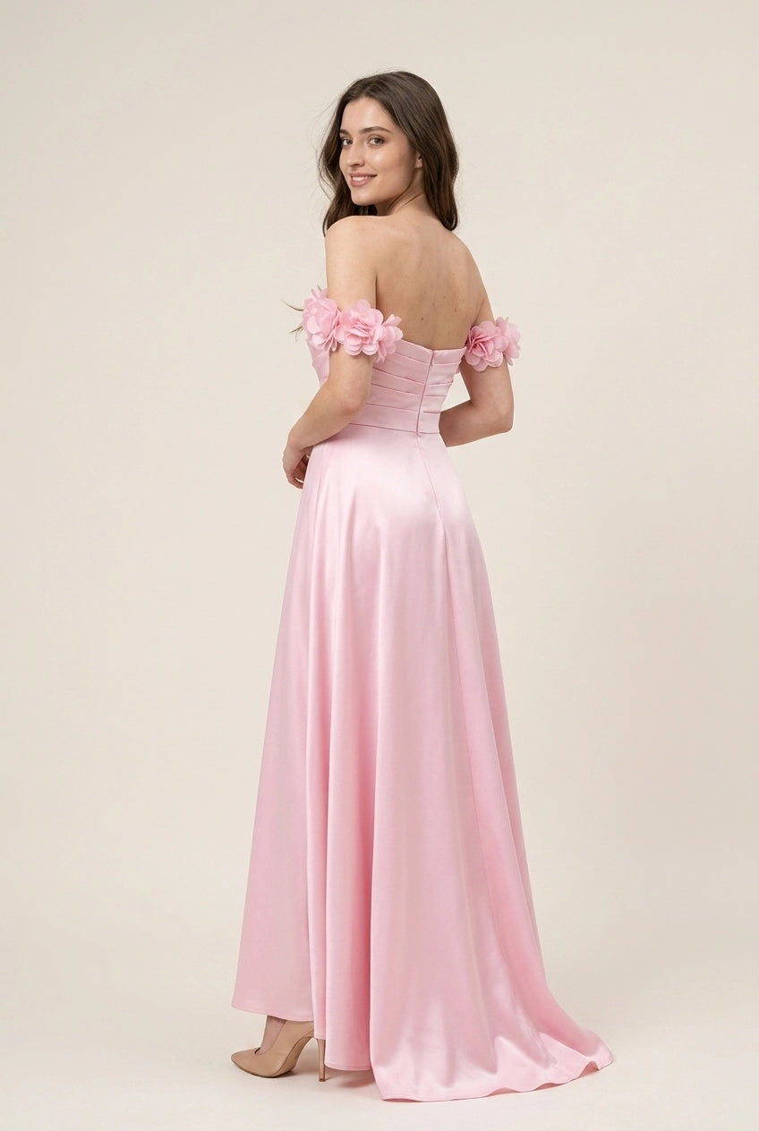 A-Line Off-Shoulder Floral Straps Satin Blush Pink Floor-Length Prom Dress