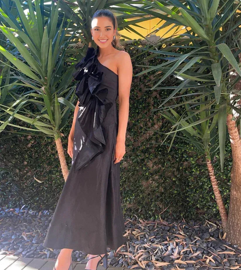 Robe de bal Weitese, robe de soirée noire trapèze asymétrique à volants, robes de soirée formelles 