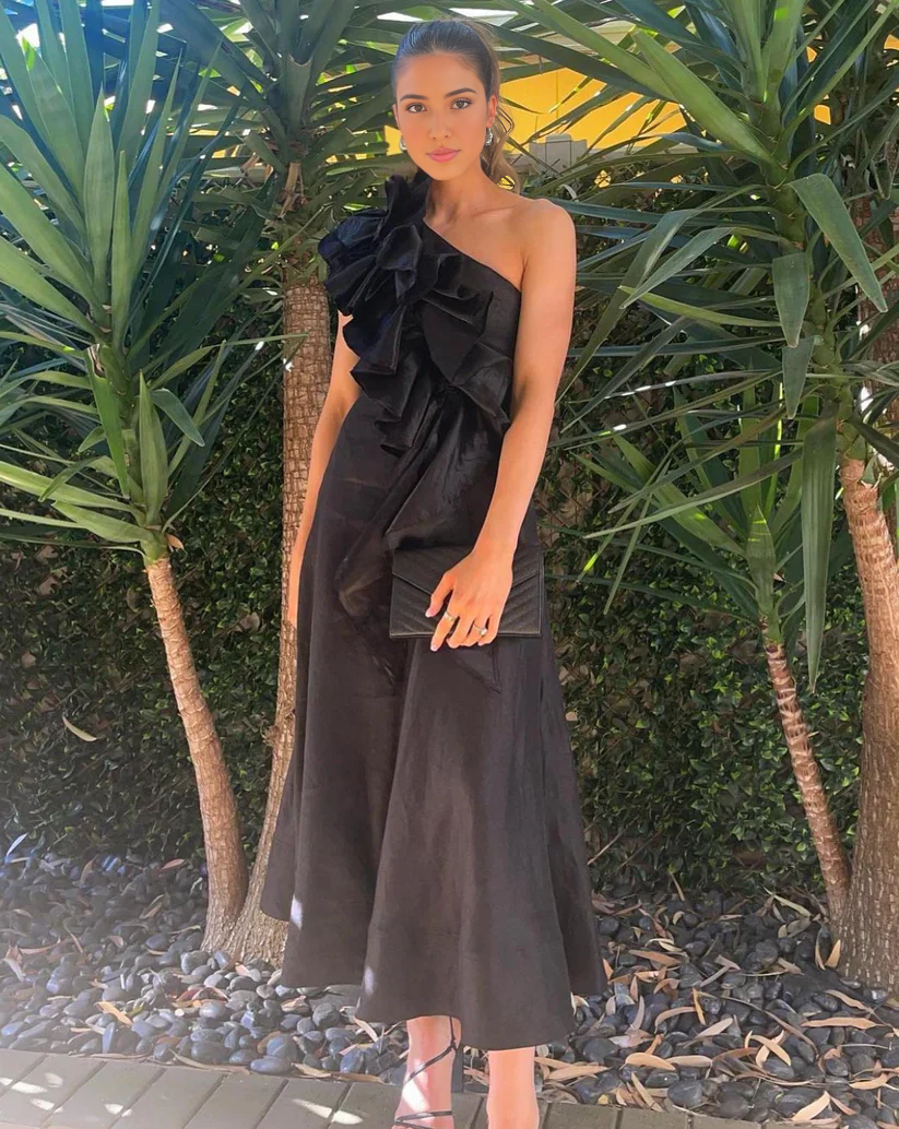 Robe de bal Weitese, robe de soirée noire trapèze asymétrique à volants, robes de soirée formelles 