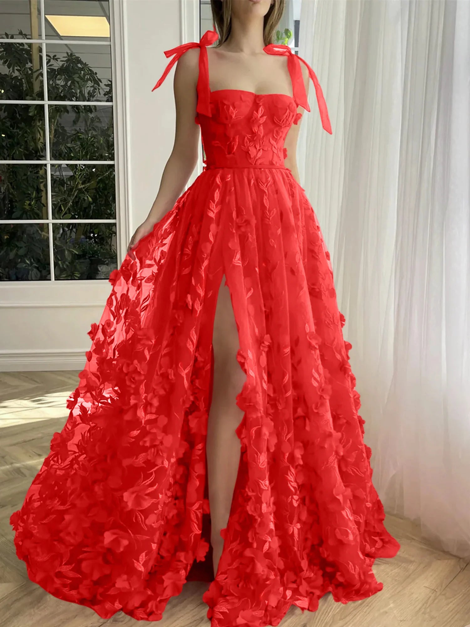 A-Line Spaghetti Straps Long Prom Floral Dresses With Split Side