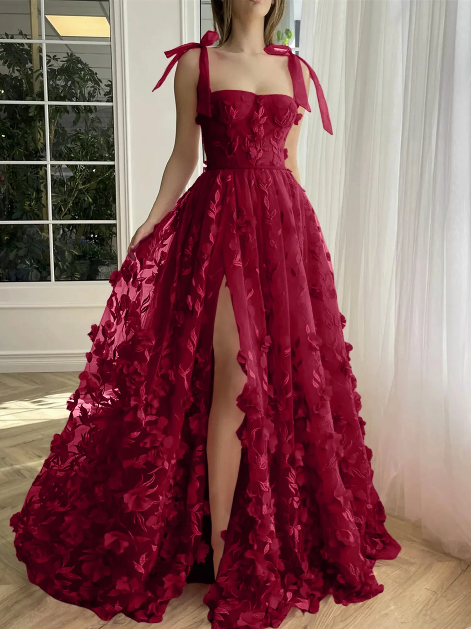 A-Line Spaghetti Straps Long Prom Floral Dresses With Split Side