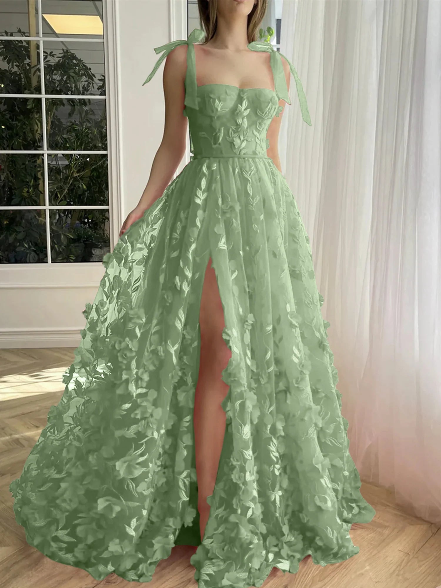 A-Line Spaghetti Straps Long Prom Floral Dresses With Split Side