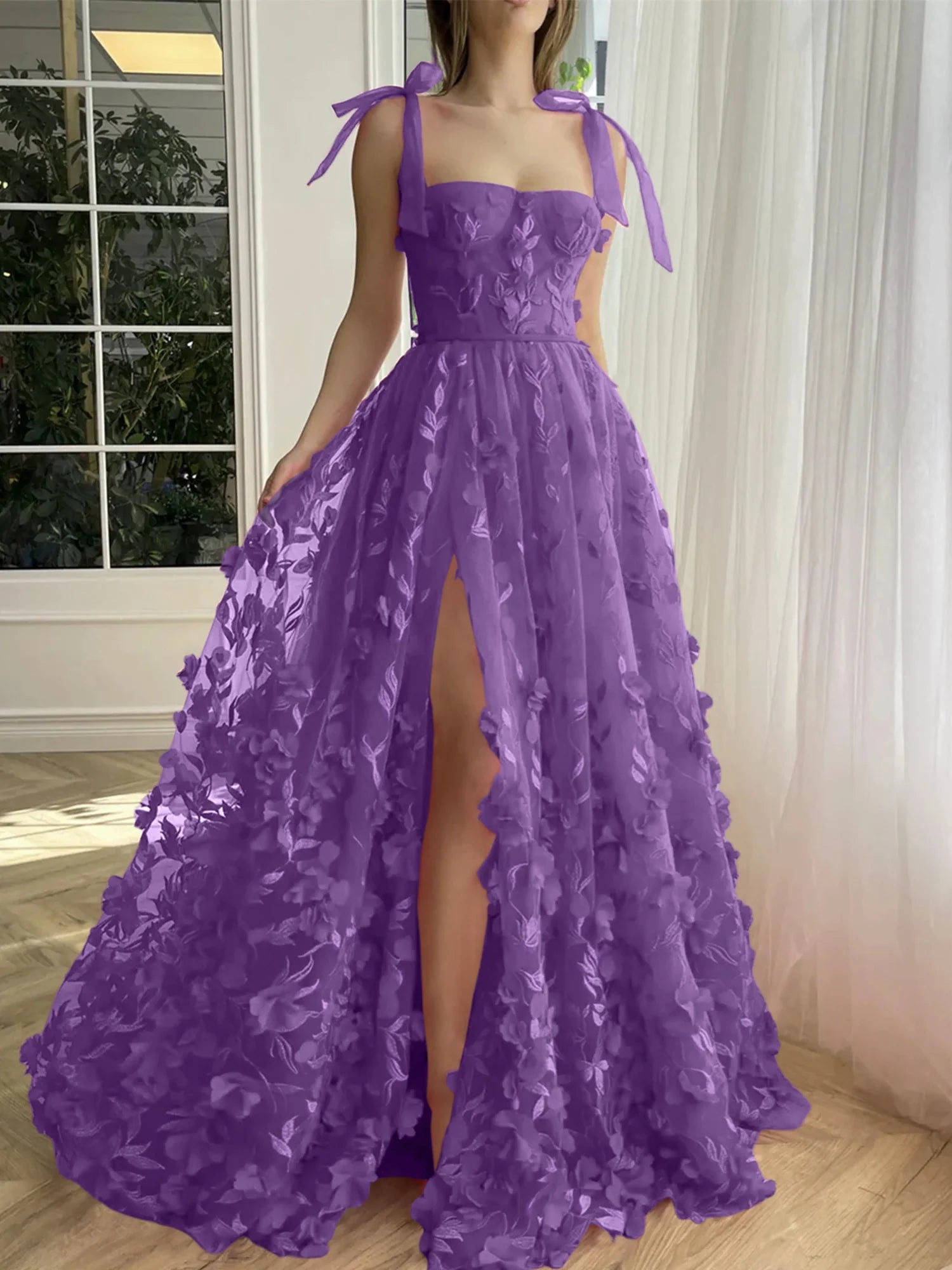 A-Line Spaghetti Straps Long Prom Floral Dresses With Split Side