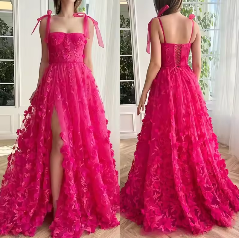 A-Line Spaghetti Straps Long Prom Floral Dresses With Split Side