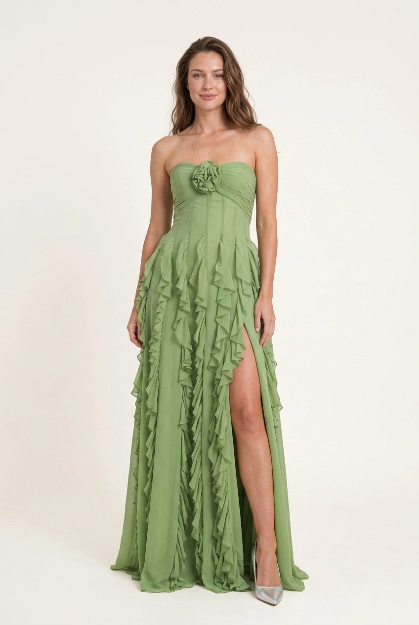 A-Line Strapless Ruffled High-Slit Chiffon Sage Green Floor-Length Prom Dress