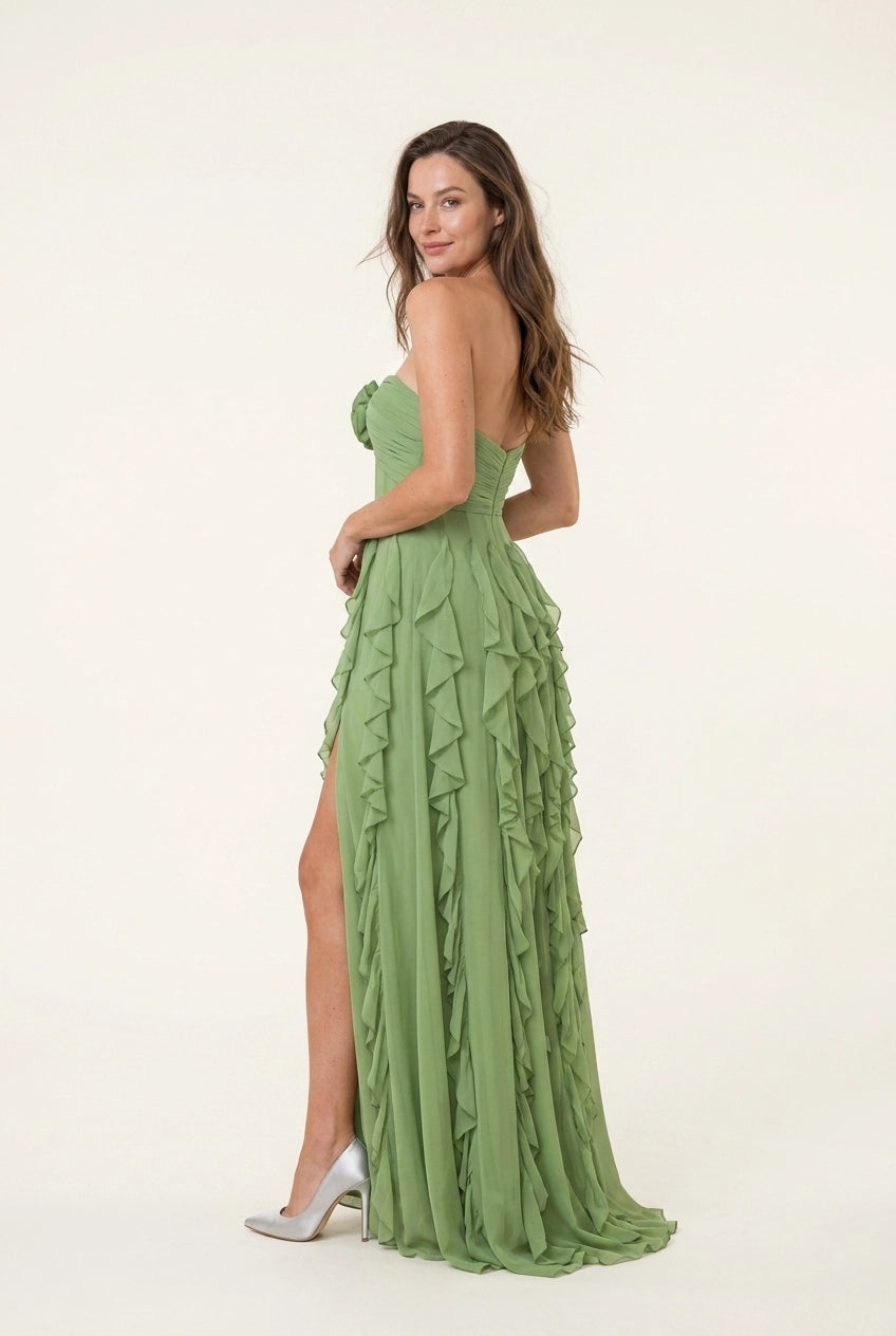 A-Line Strapless Ruffled High-Slit Chiffon Sage Green Floor-Length Prom Dress