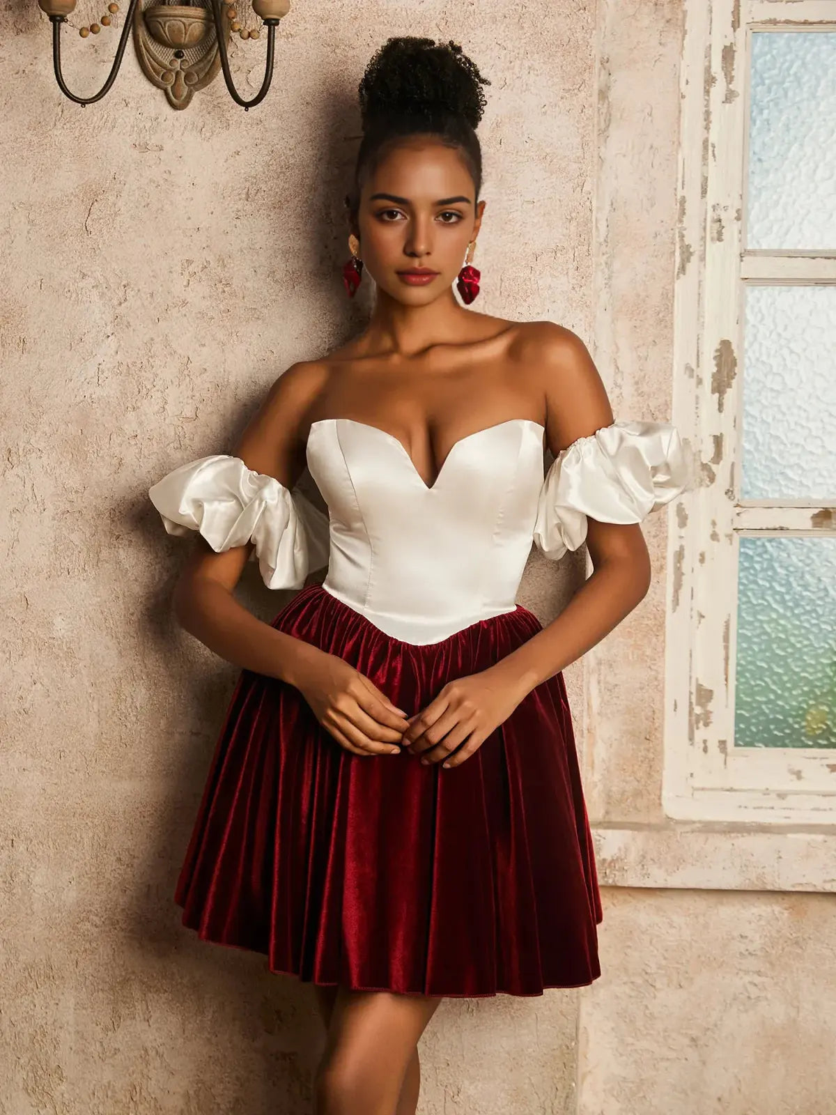 A-Line Sweetheart Detachable Sleeves Pleated Satin Velvet Two-Tone White Red Short Homecoming Dress