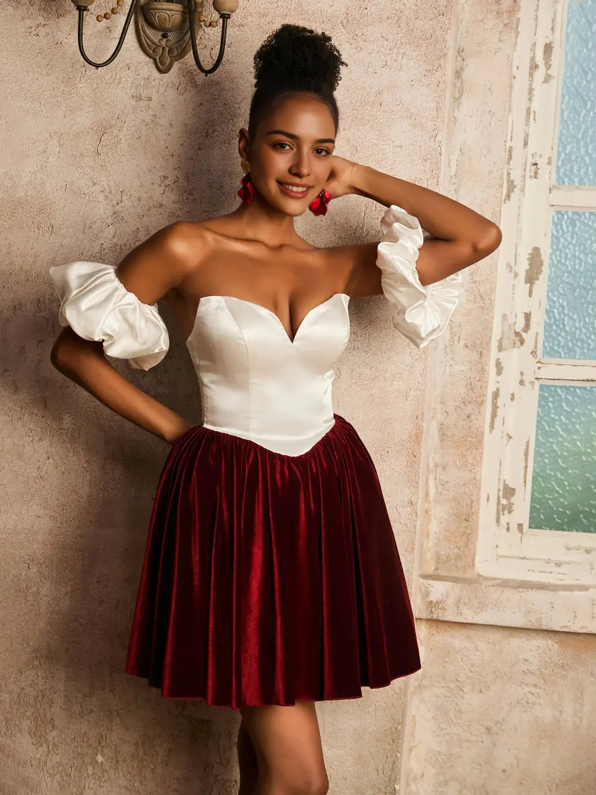 A-Line Sweetheart Detachable Sleeves Pleated Satin Velvet Two-Tone White Red Short Homecoming Dress