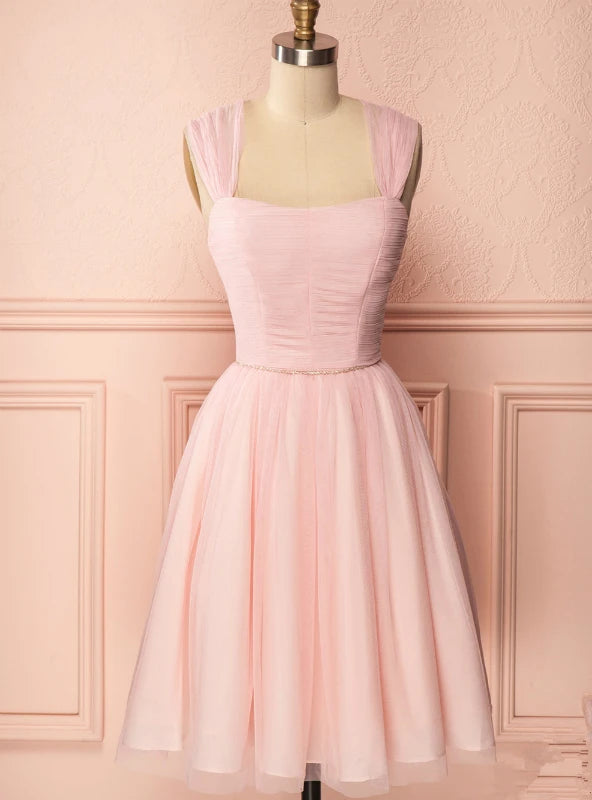 A-Line Sweetheart Pleated Tulle Light Pink Short Homecoming Dress With Beaded Waist