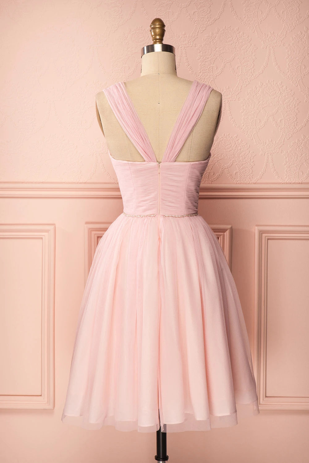 A-Line Sweetheart Pleated Tulle Light Pink Short Homecoming Dress With Beaded Waist