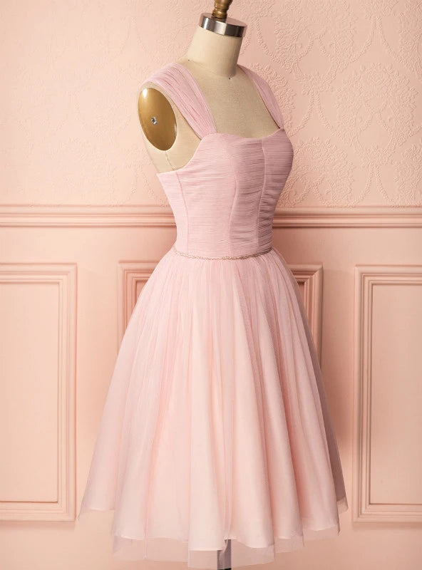 A-Line Sweetheart Pleated Tulle Light Pink Short Homecoming Dress With Beaded Waist