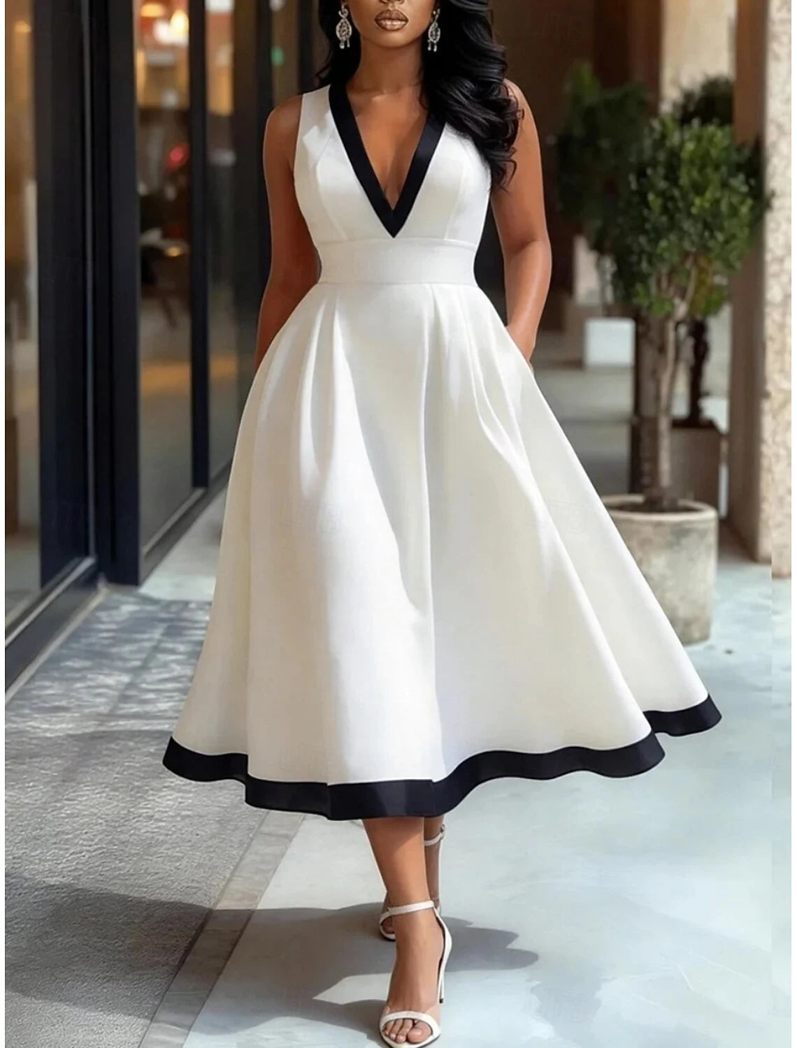A-Line V-Neck Contrast Trim Midi White Wedding Dress