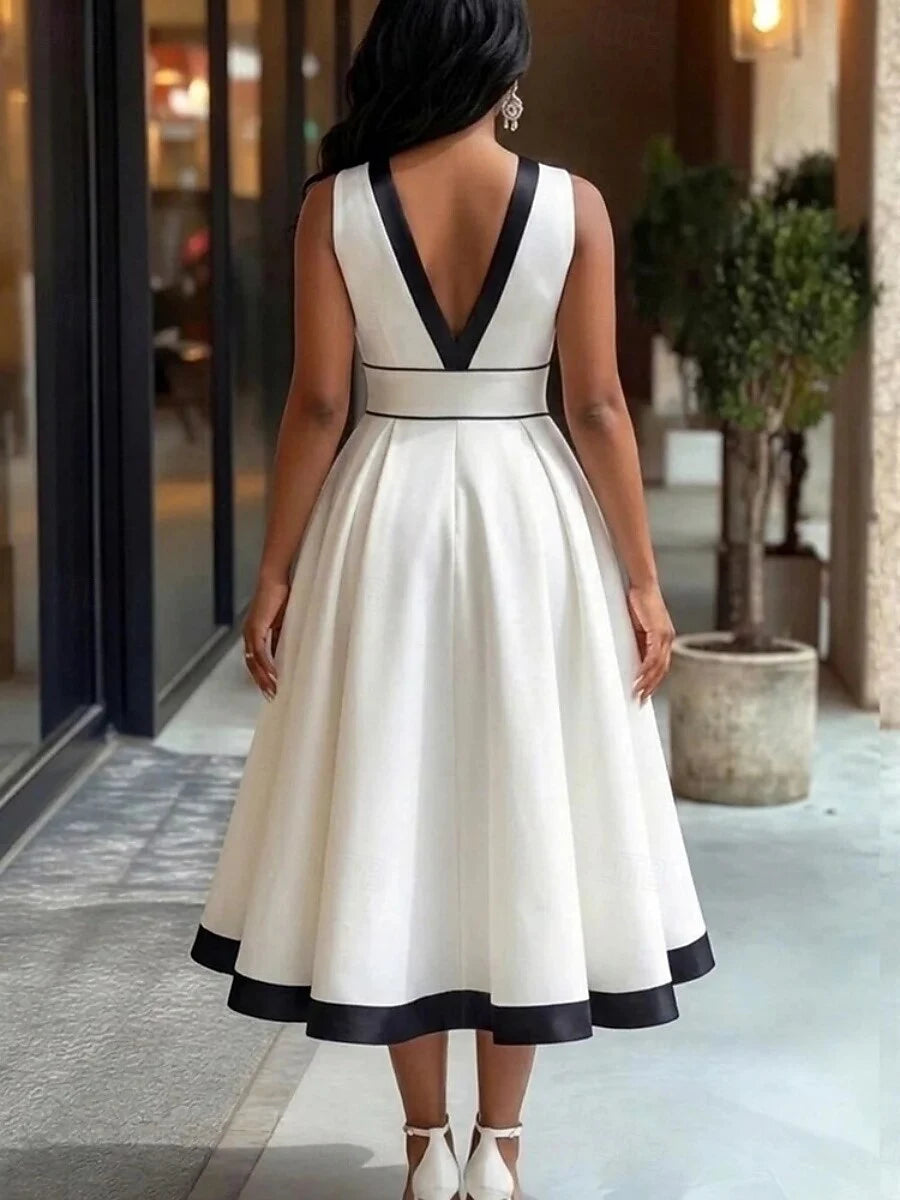 A-Line V-Neck Contrast Trim Midi White Wedding Dress