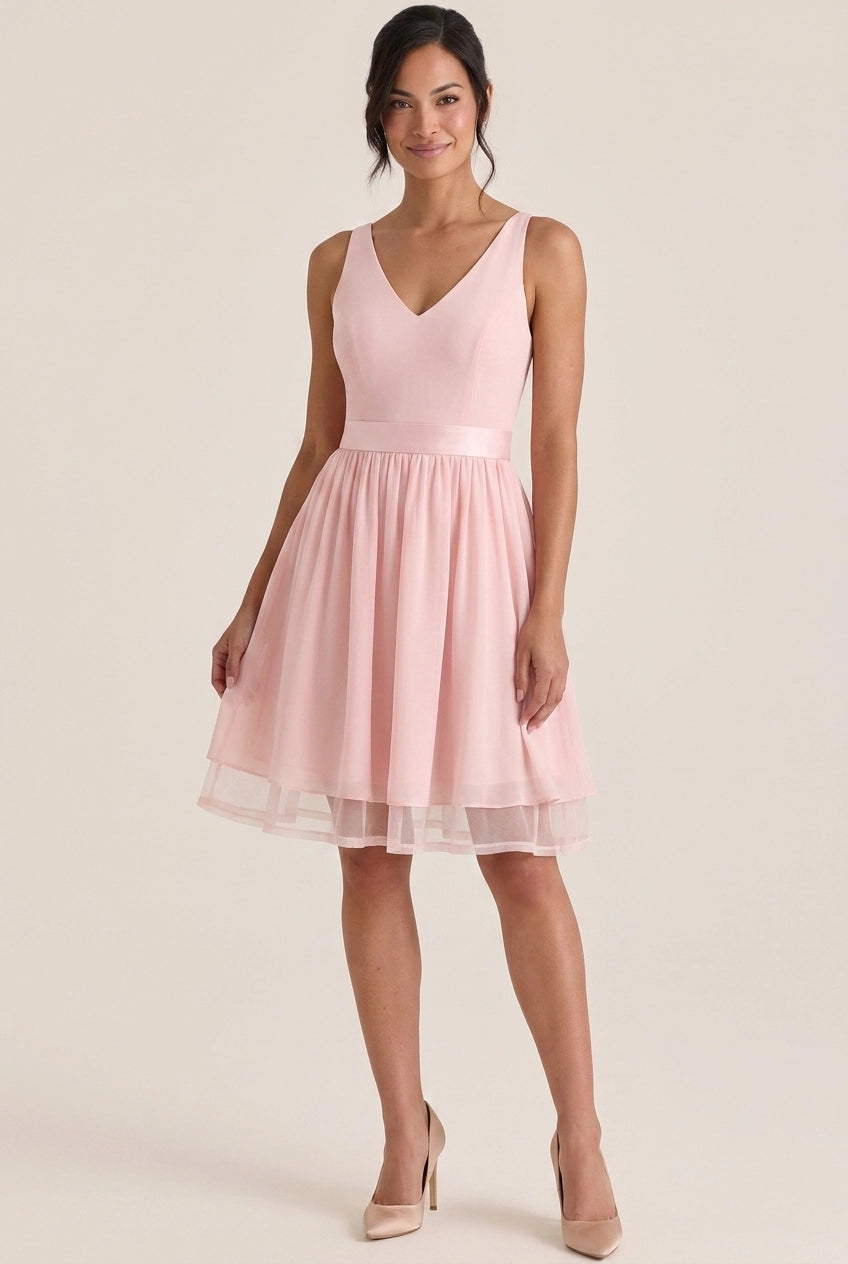 A-Line V-Neck Lace Back Layered Blush Chiffon Pink Short Homecoming Dresses