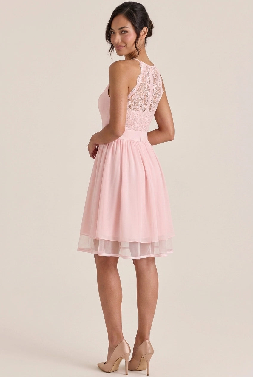 A-Line V-Neck Lace Back Layered Blush Chiffon Pink Short Homecoming Dresses