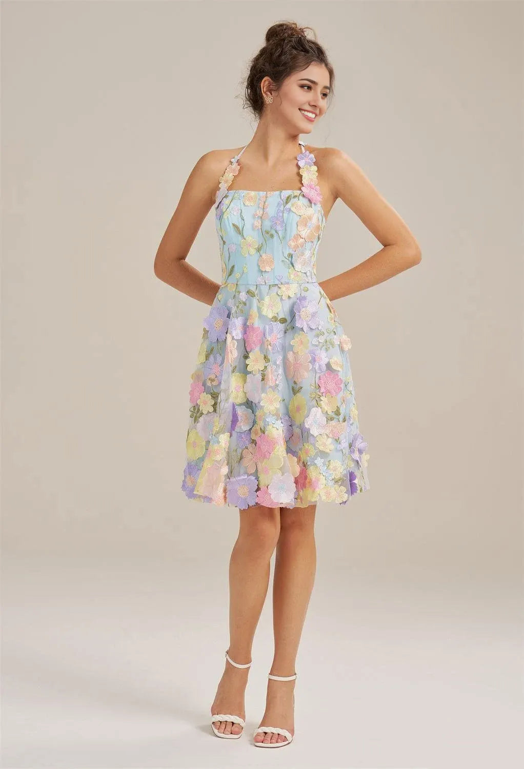 A-line Off the Shoulder Elegant Knee Length Graduation Dresses Tulle 3D Floral Embroidered Sleeveless Custom Sexy Homecoming Dresses