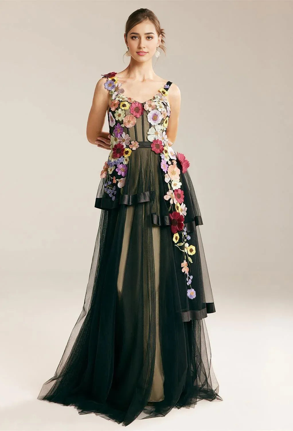 A-line V-Neck Elegant Floor Length Prom Clothes Tulle 3D Floral Embroidered Sleeveless Discount Floor Length Prom Dresses