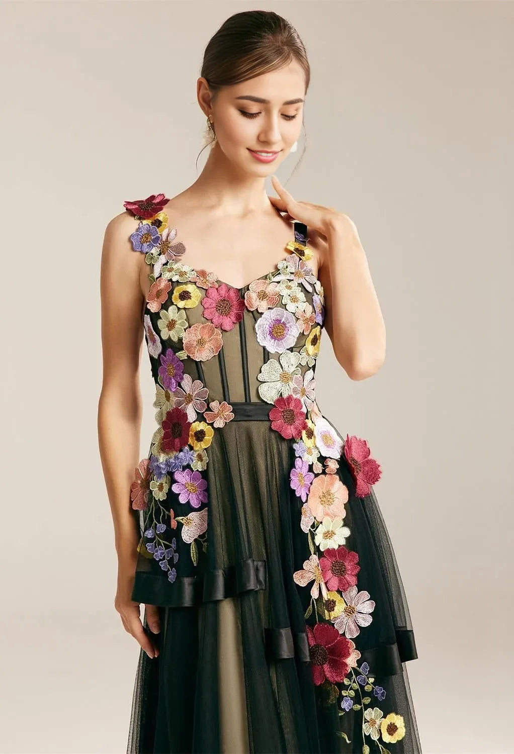 A-line V-Neck Elegant Floor Length Prom Clothes Tulle 3D Floral Embroidered Sleeveless Discount Floor Length Prom Dresses