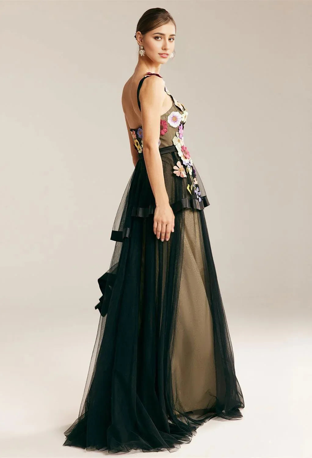 A-line V-Neck Elegant Floor Length Prom Clothes Tulle 3D Floral Embroidered Sleeveless Discount Floor Length Prom Dresses