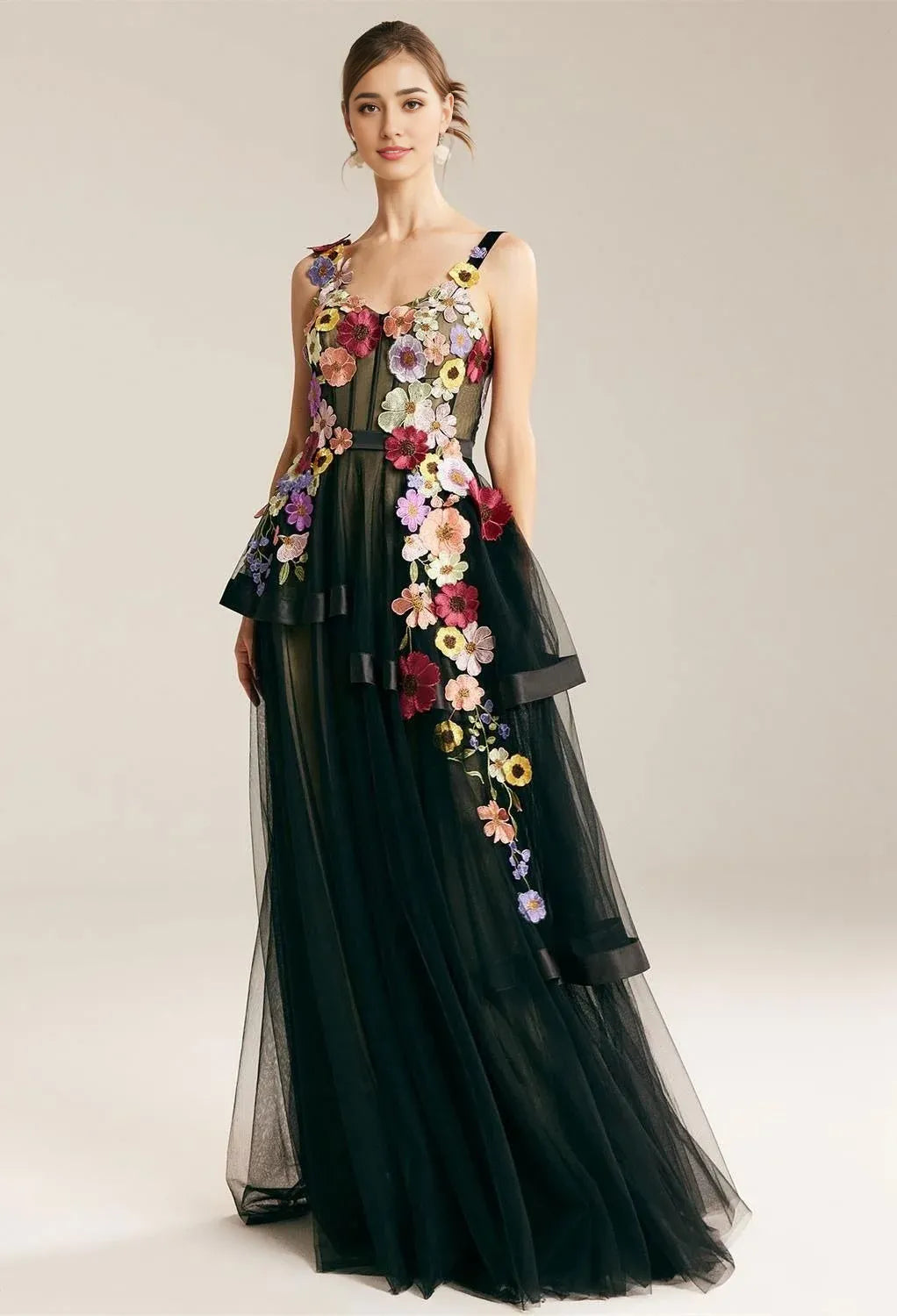 A-line V-Neck Elegant Floor Length Prom Clothes Tulle 3D Floral Embroidered Sleeveless Discount Floor Length Prom Dresses
