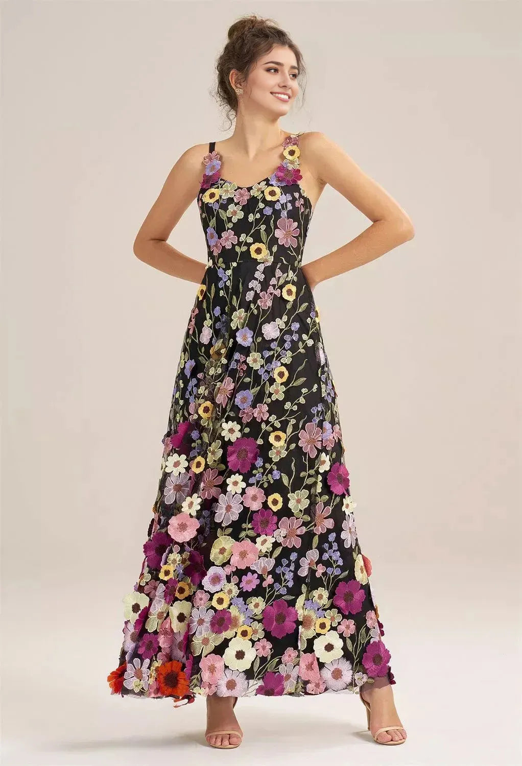 A-line V-Neck Elegant Floor Length Prom Dress Tulle 3D Floral Embroidered Sleeveless Hot Sale Long Evening Dresses
