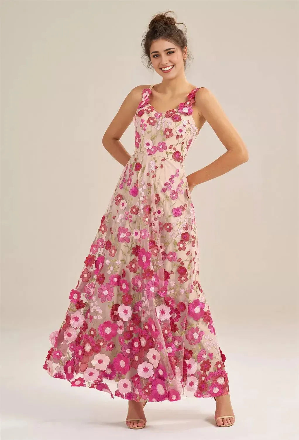 A-line V-Neck Elegant Floor Length Prom Dress Tulle 3D Floral Embroidered Sleeveless Hot Sale Long Evening Dresses