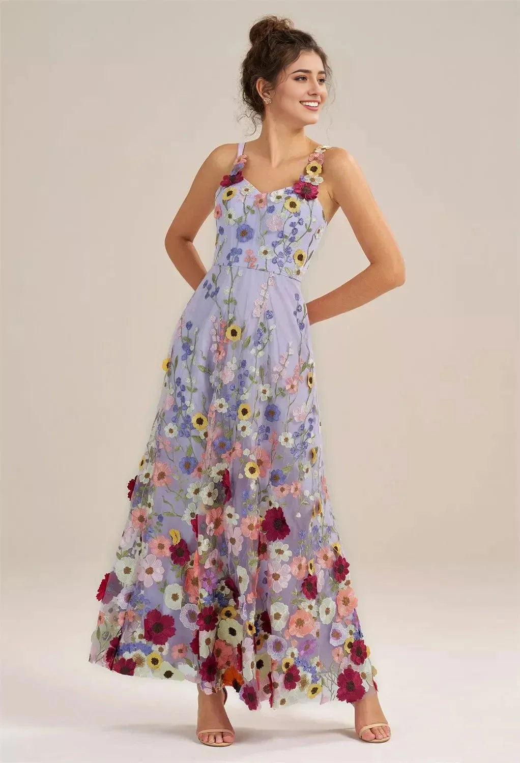 A-line V-Neck Elegant Floor Length Prom Dress Tulle 3D Floral Embroidered Sleeveless Hot Sale Long Evening Dresses