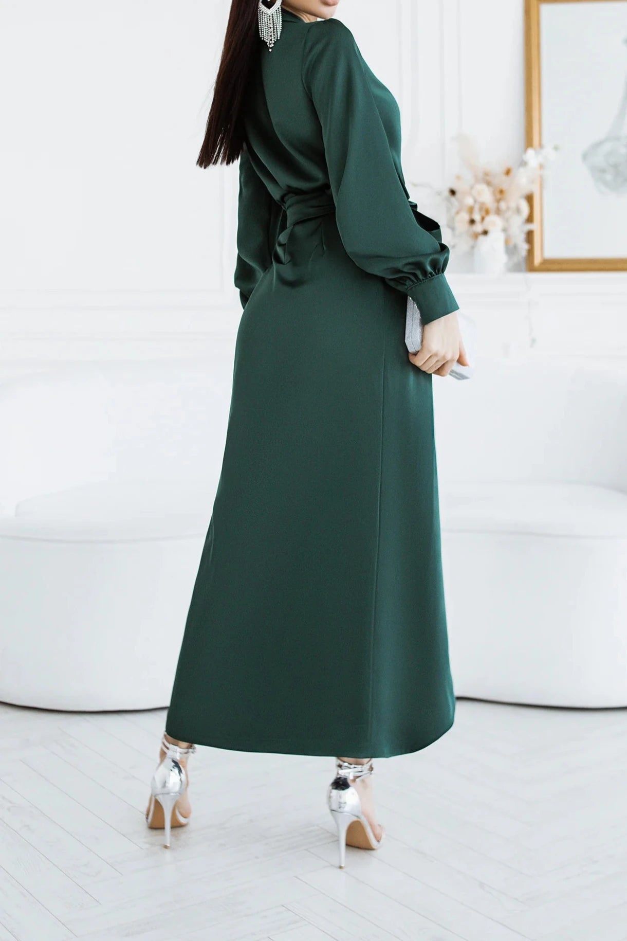 A-line Ankle Length V Neck Emerald Puff Long Sleeve Party Dress Prom Dress