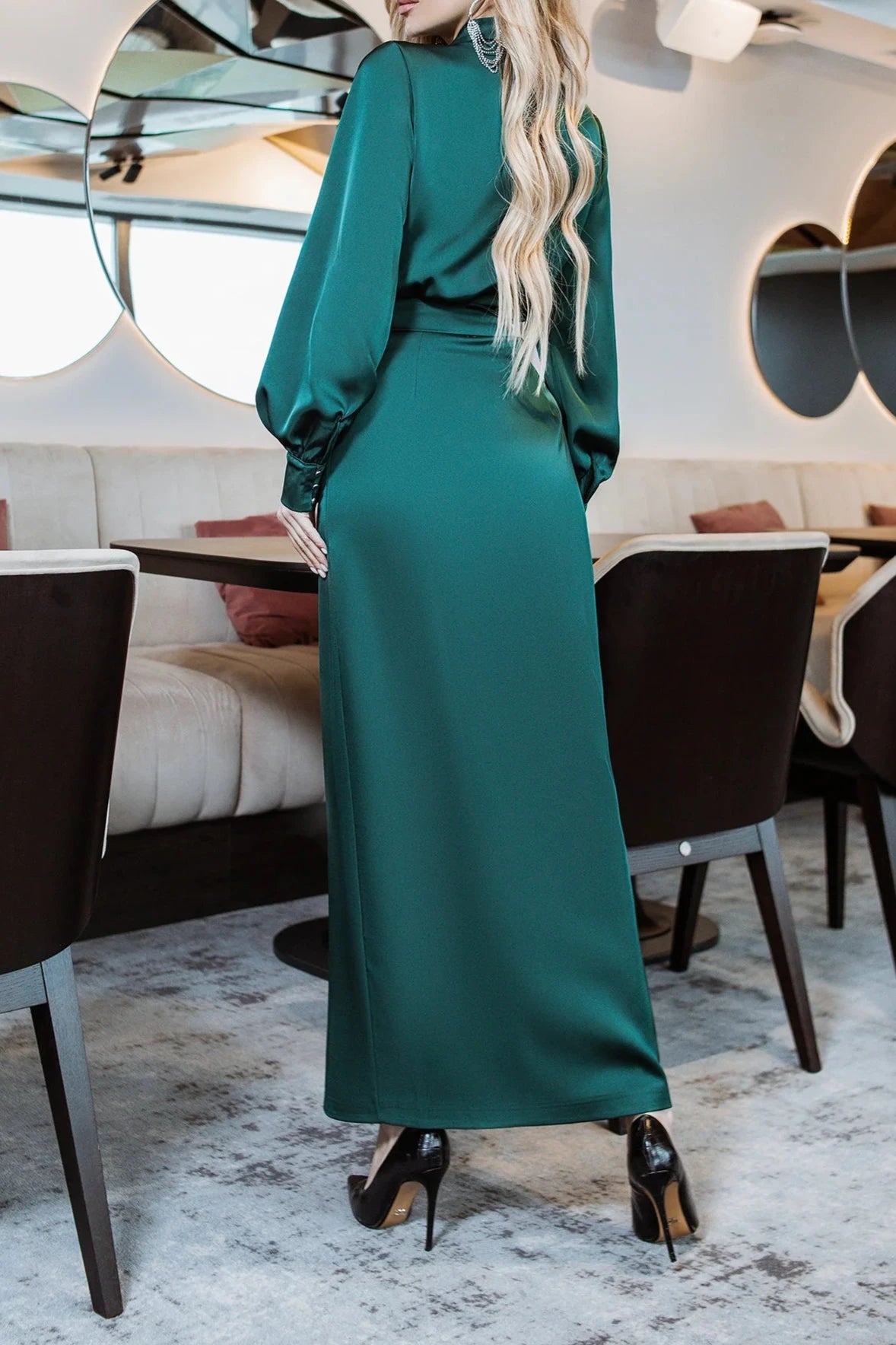 A-line Ankle Length V Neck Emerald Puff Long Sleeve Party Dress Prom Dress