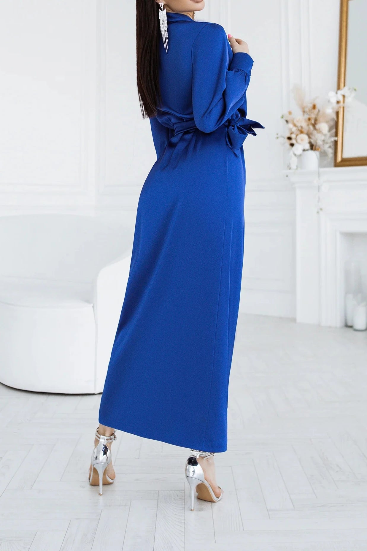 A-line Ankle Length V Neck Royal Blue Puff Long Sleeve Party Dress Prom Dress