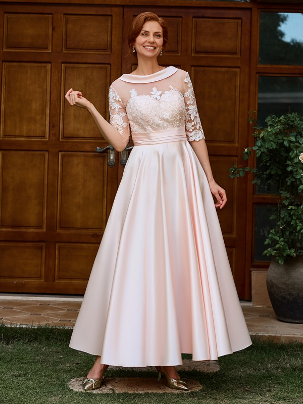 Weitese Dress Sheath Elegant A-line Appliques Lace Ankle-Length Satin Mother of the Bride Dress 1/2 Sleeves